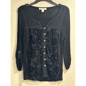 Vintage America Blues Black Velvet Burnout Sequin Lace Trim Roll Tab Top Small